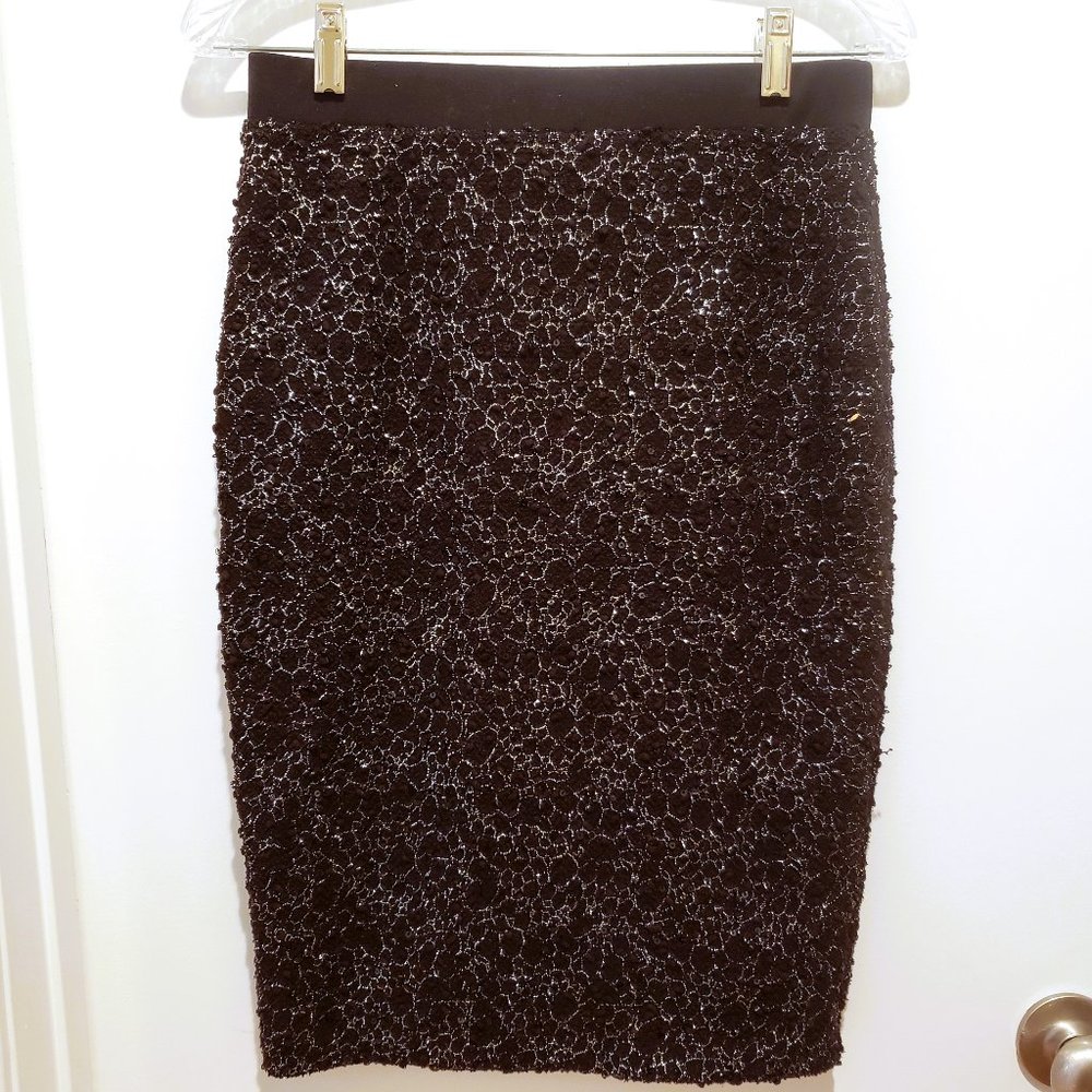 NY Collection Skirt Black Silver Shiny Stretch Spider Web Sequin Bubbles Small